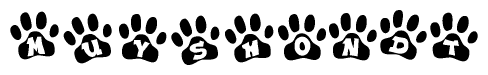 The image shows a series of animal paw prints arranged horizontally. Within each paw print, there's a letter; together they spell Muyshondt