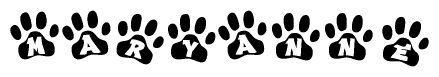 The image shows a row of animal paw prints, each containing a letter. The letters spell out the word Maryanne within the paw prints.