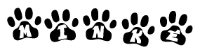 The image shows a row of animal paw prints, each containing a letter. The letters spell out the word Minke within the paw prints.