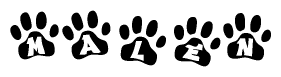 The image shows a row of animal paw prints, each containing a letter. The letters spell out the word Malen within the paw prints.