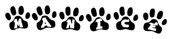 The image shows a series of animal paw prints arranged horizontally. Within each paw print, there's a letter; together they spell Manice