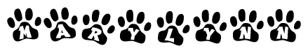 The image shows a row of animal paw prints, each containing a letter. The letters spell out the word Marylynn within the paw prints.