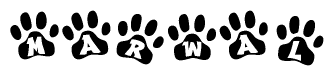 The image shows a series of animal paw prints arranged horizontally. Within each paw print, there's a letter; together they spell Marwal