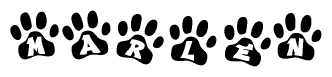 The image shows a row of animal paw prints, each containing a letter. The letters spell out the word Marlen within the paw prints.