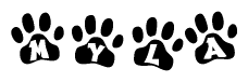 The image shows a series of animal paw prints arranged in a horizontal line. Each paw print contains a letter, and together they spell out the word Myla.
