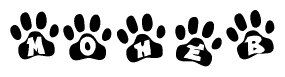 The image shows a series of animal paw prints arranged in a horizontal line. Each paw print contains a letter, and together they spell out the word Moheb.