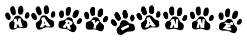 The image shows a row of animal paw prints, each containing a letter. The letters spell out the word Mary-anne within the paw prints.