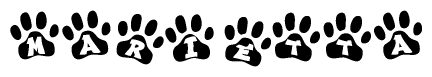 The image shows a row of animal paw prints, each containing a letter. The letters spell out the word Marietta within the paw prints.