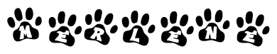 The image shows a series of animal paw prints arranged horizontally. Within each paw print, there's a letter; together they spell Merlene