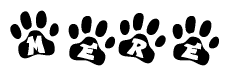 The image shows a series of animal paw prints arranged in a horizontal line. Each paw print contains a letter, and together they spell out the word Mere.