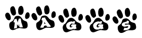 The image shows a series of animal paw prints arranged in a horizontal line. Each paw print contains a letter, and together they spell out the word Maggs.