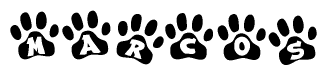 The image shows a series of animal paw prints arranged horizontally. Within each paw print, there's a letter; together they spell Marcos