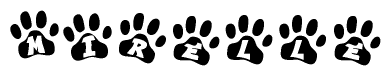 The image shows a series of animal paw prints arranged horizontally. Within each paw print, there's a letter; together they spell Mirelle