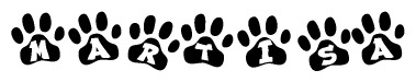 The image shows a row of animal paw prints, each containing a letter. The letters spell out the word Martisa within the paw prints.