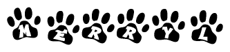 The image shows a series of animal paw prints arranged in a horizontal line. Each paw print contains a letter, and together they spell out the word Merryl.