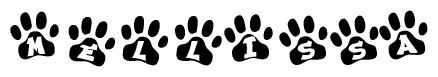 The image shows a series of animal paw prints arranged in a horizontal line. Each paw print contains a letter, and together they spell out the word Mellissa.