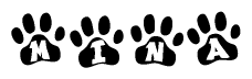The image shows a row of animal paw prints, each containing a letter. The letters spell out the word Mina within the paw prints.