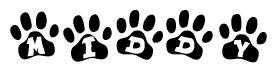 The image shows a row of animal paw prints, each containing a letter. The letters spell out the word Middy within the paw prints.