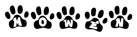 The image shows a series of animal paw prints arranged in a horizontal line. Each paw print contains a letter, and together they spell out the word Mowen.