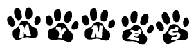 The image shows a row of animal paw prints, each containing a letter. The letters spell out the word Mynes within the paw prints.