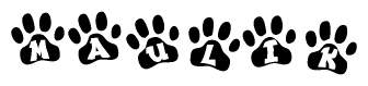 The image shows a series of animal paw prints arranged in a horizontal line. Each paw print contains a letter, and together they spell out the word Maulik.