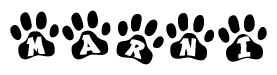 The image shows a series of animal paw prints arranged in a horizontal line. Each paw print contains a letter, and together they spell out the word Marni.