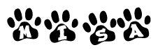 The image shows a series of animal paw prints arranged horizontally. Within each paw print, there's a letter; together they spell Misa