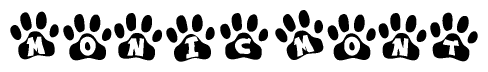 The image shows a series of animal paw prints arranged horizontally. Within each paw print, there's a letter; together they spell Monicmont