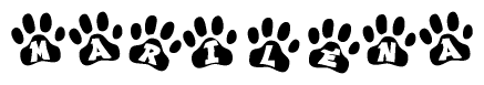 The image shows a series of animal paw prints arranged in a horizontal line. Each paw print contains a letter, and together they spell out the word Marilena.