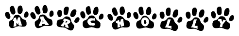 The image shows a series of animal paw prints arranged in a horizontal line. Each paw print contains a letter, and together they spell out the word Marcholly.