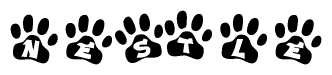 The image shows a row of animal paw prints, each containing a letter. The letters spell out the word Nestle within the paw prints.