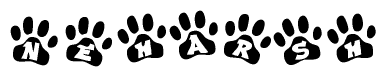 The image shows a row of animal paw prints, each containing a letter. The letters spell out the word Neharsh within the paw prints.