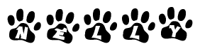 The image shows a row of animal paw prints, each containing a letter. The letters spell out the word Nelly within the paw prints.