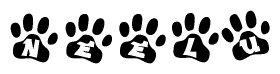 The image shows a series of animal paw prints arranged in a horizontal line. Each paw print contains a letter, and together they spell out the word Neelu.