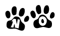 The image shows a series of animal paw prints arranged in a horizontal line. Each paw print contains a letter, and together they spell out the word No.