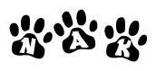 The image shows a series of animal paw prints arranged horizontally. Within each paw print, there's a letter; together they spell Nak