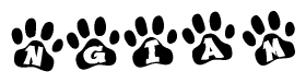 The image shows a row of animal paw prints, each containing a letter. The letters spell out the word Ngiam within the paw prints.
