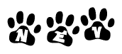 The image shows a series of animal paw prints arranged horizontally. Within each paw print, there's a letter; together they spell Nev