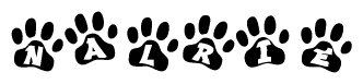 The image shows a row of animal paw prints, each containing a letter. The letters spell out the word Nalrie within the paw prints.
