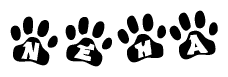 The image shows a series of animal paw prints arranged in a horizontal line. Each paw print contains a letter, and together they spell out the word Neha.