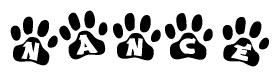 The image shows a series of animal paw prints arranged in a horizontal line. Each paw print contains a letter, and together they spell out the word Nance.