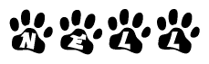 The image shows a series of animal paw prints arranged horizontally. Within each paw print, there's a letter; together they spell Nell