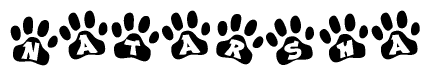 The image shows a series of animal paw prints arranged in a horizontal line. Each paw print contains a letter, and together they spell out the word Natarsha.