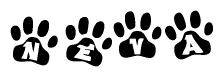 The image shows a series of animal paw prints arranged horizontally. Within each paw print, there's a letter; together they spell Neva
