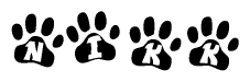 The image shows a series of animal paw prints arranged horizontally. Within each paw print, there's a letter; together they spell Nikk