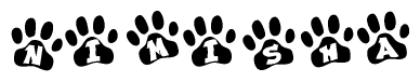 The image shows a series of animal paw prints arranged in a horizontal line. Each paw print contains a letter, and together they spell out the word Nimisha.
