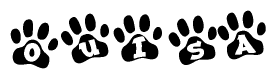 The image shows a row of animal paw prints, each containing a letter. The letters spell out the word Ouisa within the paw prints.