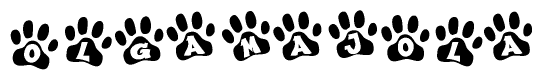 The image shows a series of animal paw prints arranged horizontally. Within each paw print, there's a letter; together they spell Olgamajola