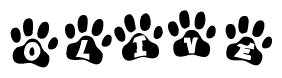 The image shows a series of animal paw prints arranged in a horizontal line. Each paw print contains a letter, and together they spell out the word Olive.