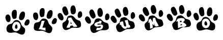 The image shows a row of animal paw prints, each containing a letter. The letters spell out the word Olasumbo within the paw prints.